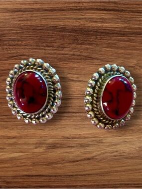 Red Stone sterling .925 Oval Stud Earrings - Women Jewelry-22 grams